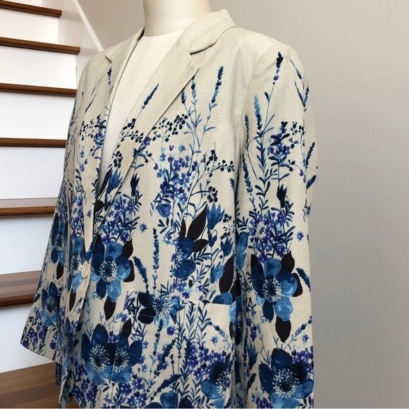 Norm Thompson Blazer Womens Large Blue Linen Floral Watercolor Blend One Button - Picture 9 of 15
